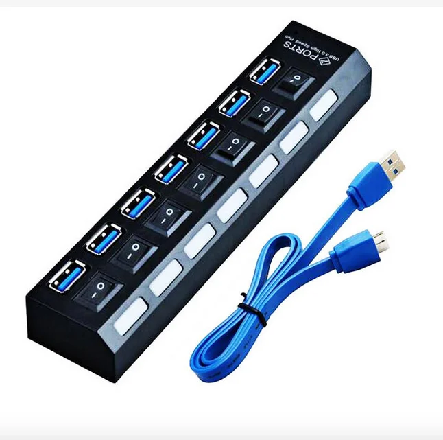 7 Port USB 3.0 Hub Individual LED Indicator Switches High Speed 5Gbps USB Extension Hub 7 Ports for PC Laptop