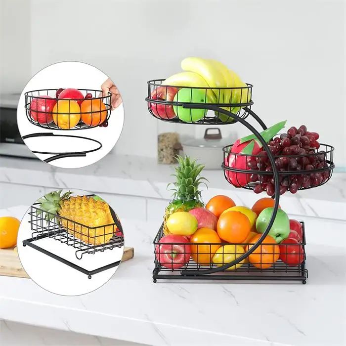 New Design Fruit Vegetable Basket Metal Fruit Basket with Banana Hanger 3 Tiers Wire Fruit Basket for Kitchen