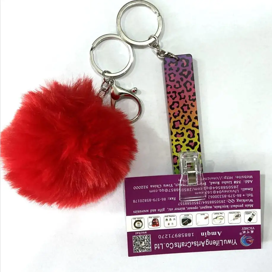 Acrylic Material Logo Printed Card Puller Custom Your Own Long Nails atm Credit Card Grabber with fur ball pompom keychain