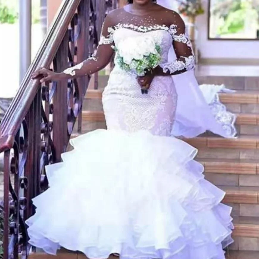 2023 Custom Made plus size Africa Sexy Long Sleeve Illusion Wedding Dress Mermaid Ruffles Skirt Bridal Gown