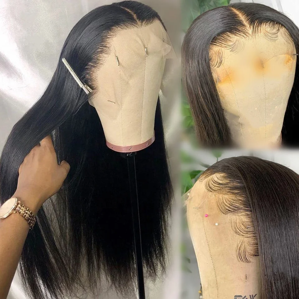 Оптовая продажа необработанные индийские волосы прозрачные передние парики на сетке прямые из двойного волоса бразильские человеческих волос для черных