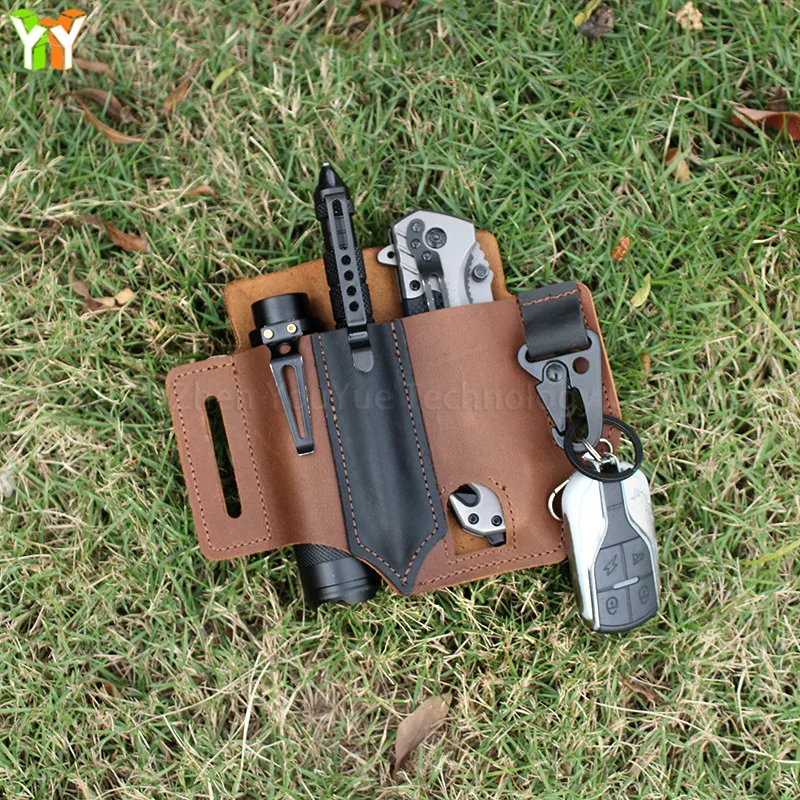 Stocked EDC Leather Sheath Cover Belt Sheath Pocket Organizer Flashlight Tools with Eagle Hook for Leatherman