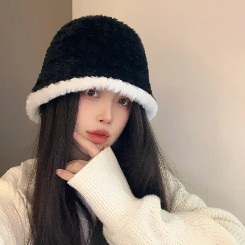2023 New Fashion Plush Bucket Hat Winter Pure Color Knit Warm Bucket Hat For Women