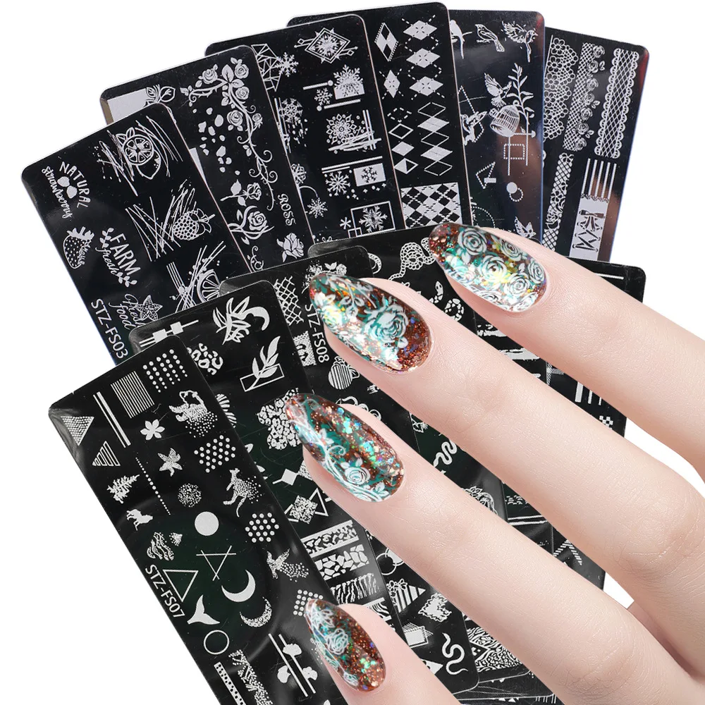Stamping nail plates cartoon snake leaf flower painting image stencils geometric template design stamping nail art