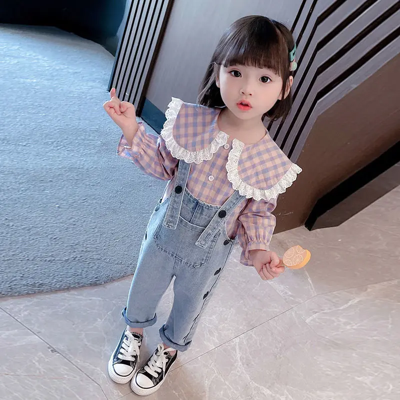 New Kids Girls Fall Spring Clothing Lovely Plaid Shirts Suspender Jeans Baby Sets Clothes Korean Style Wholesale