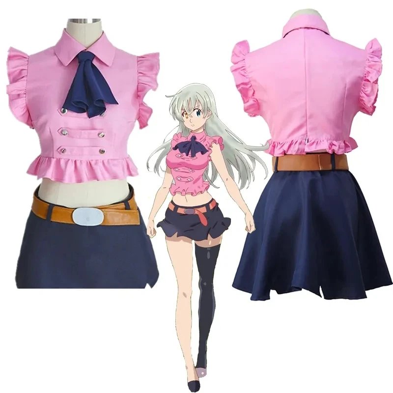 Anime The Seven Deadly Sins Elizabeth Liones Cosplay Costume Women Pink Skirt Summer Halloween Belt Bow Tie Clothing Set