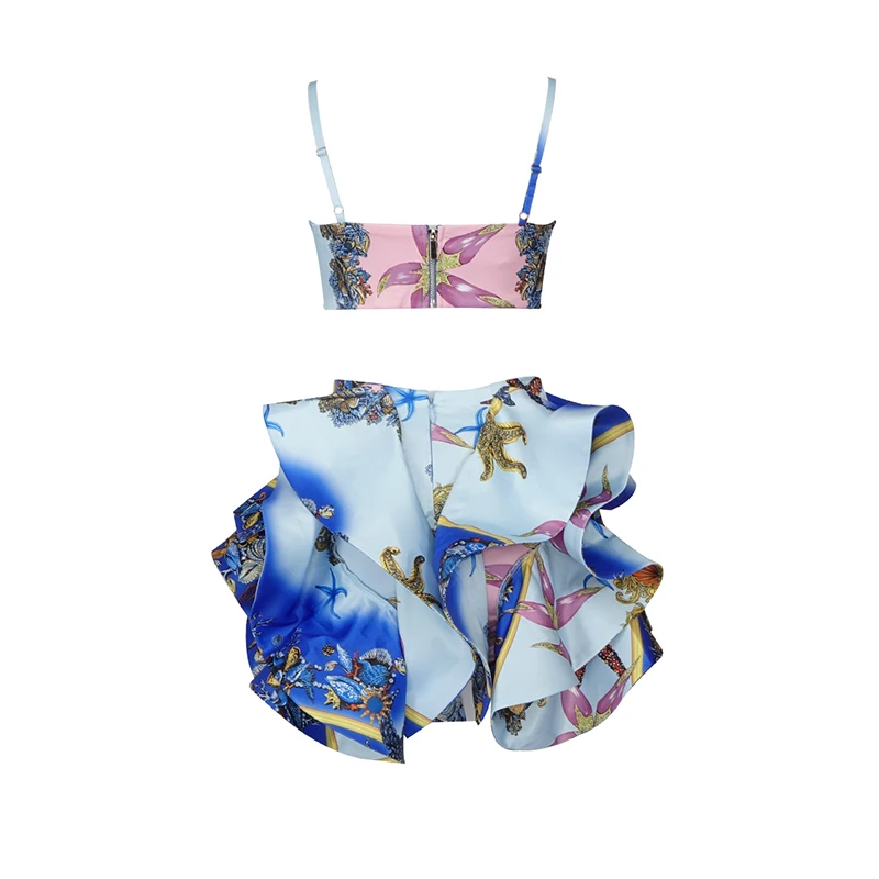 A6145  Fashion Design Printed Beaded Bra Tops And Ruffles Mini Skirt Ladies Two Pieces Party Suit