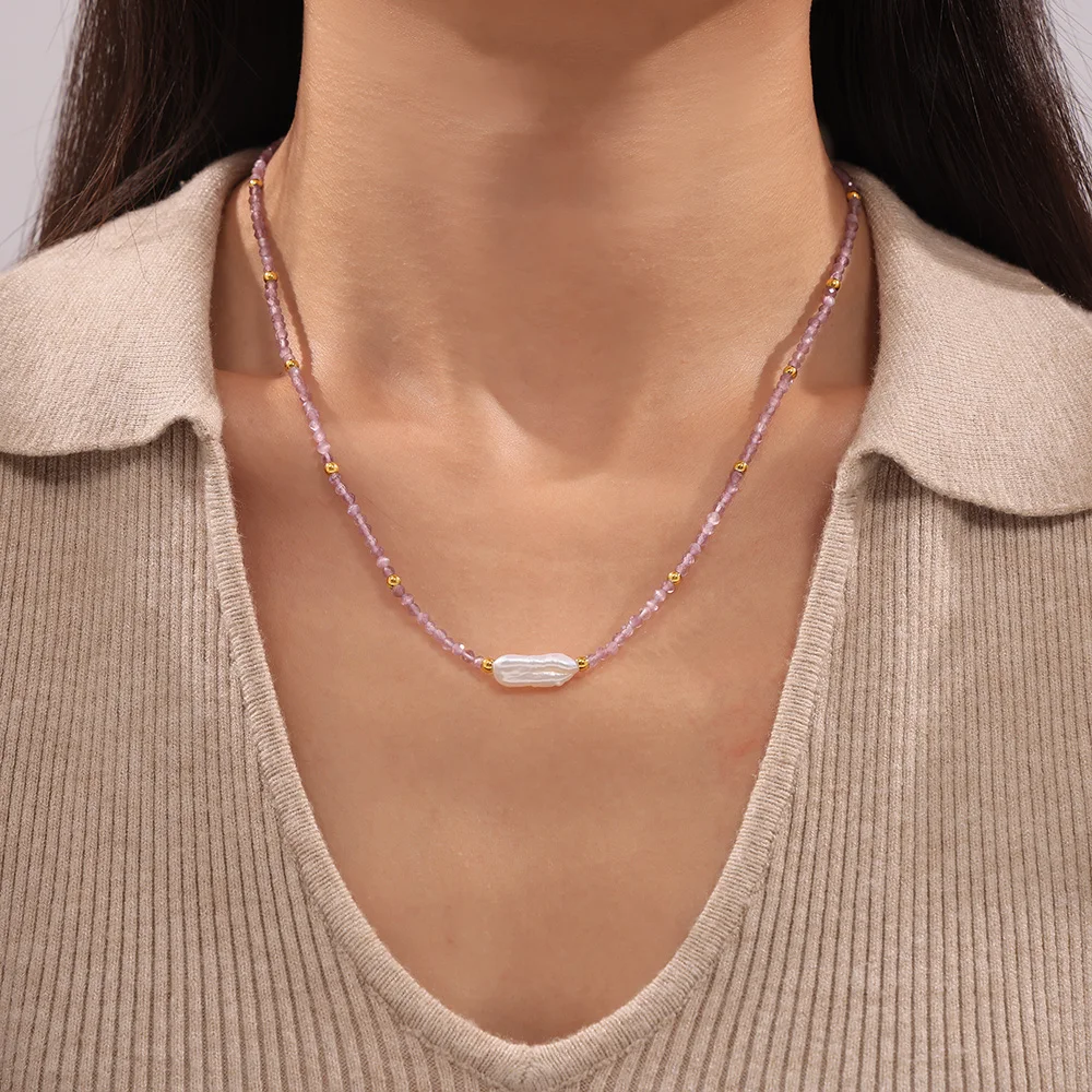 Baroque fashion new cut natural stone necklace colorful personality beaded titanium steel plated 18k gold clavicle chain