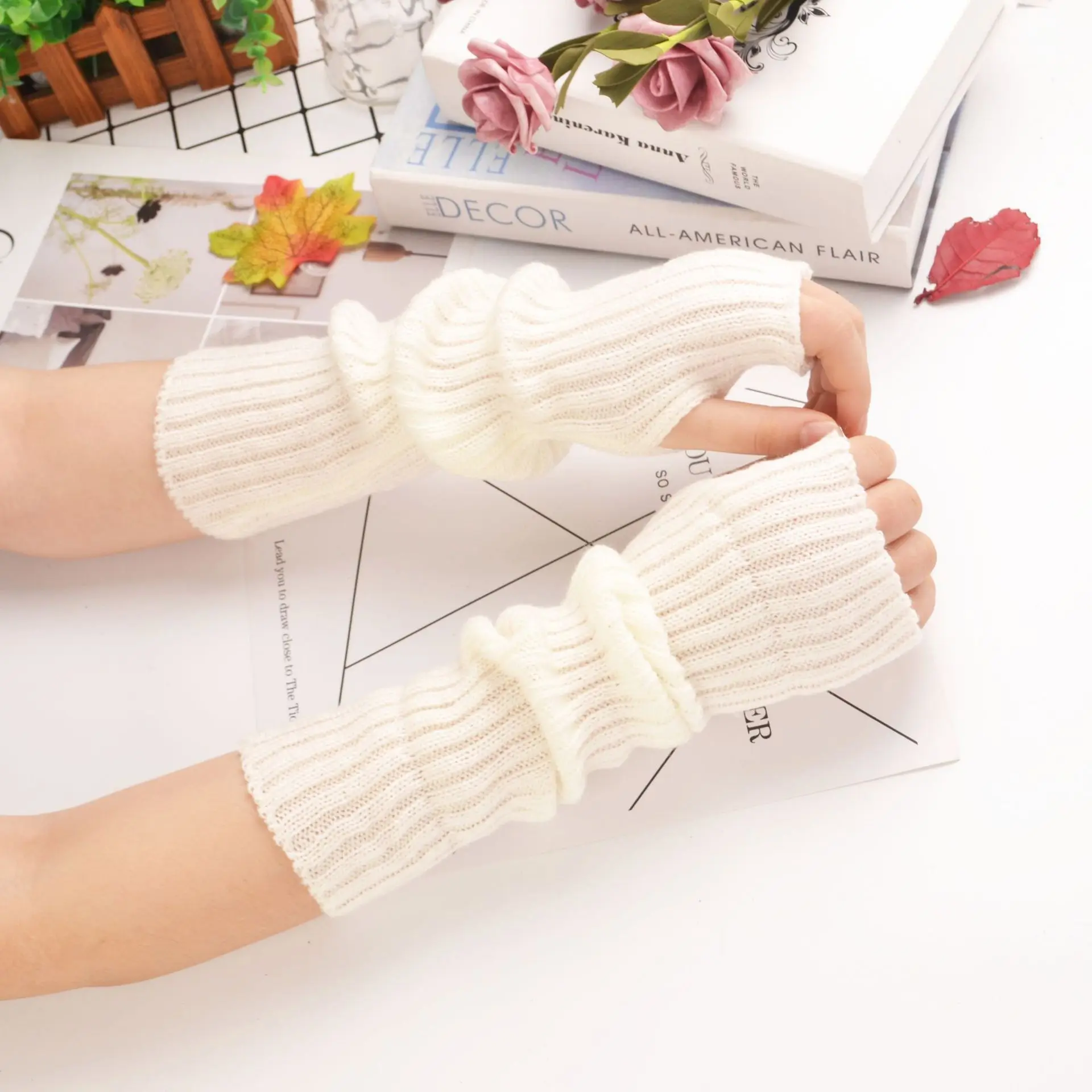 Winter Knit Ladies Wrist Arm Long Sleeve Keep Warm Acrylic Mittens Long Fingerless Winter Gloves