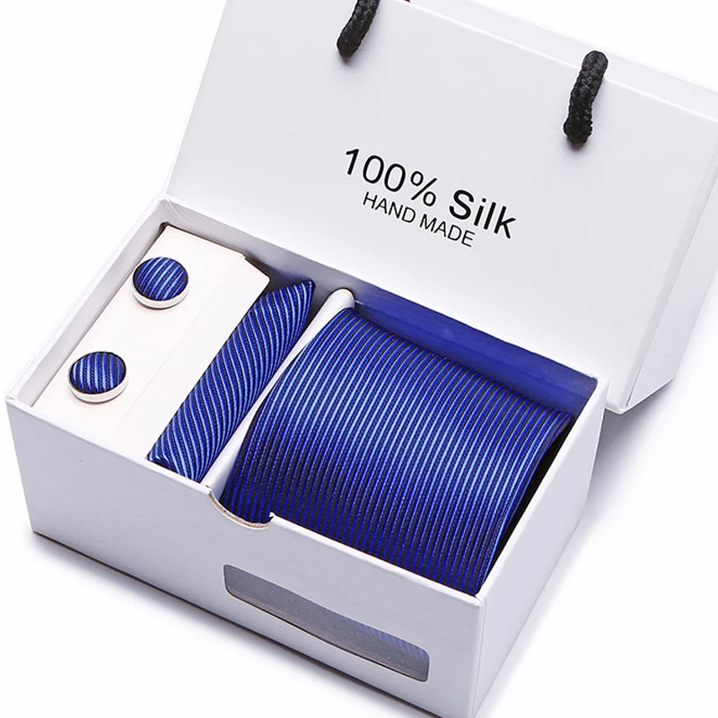 Мужские галстуки для шеи в подарочной коробке, мужские брендовые Роскошные карманные квадратные Галстуки, набор шелковых галстуков, запонки, носовой платок