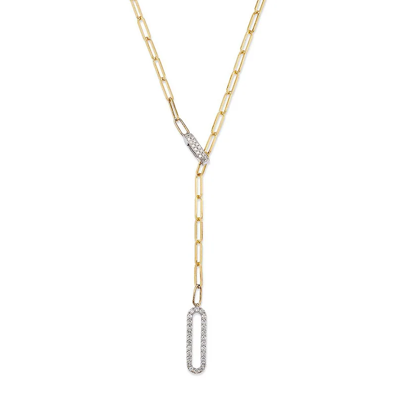 Gemnel s925 Silver Platinum Plated and  Diamond Paperclip Lariat Necklace in 14K Plated Gold Necklace