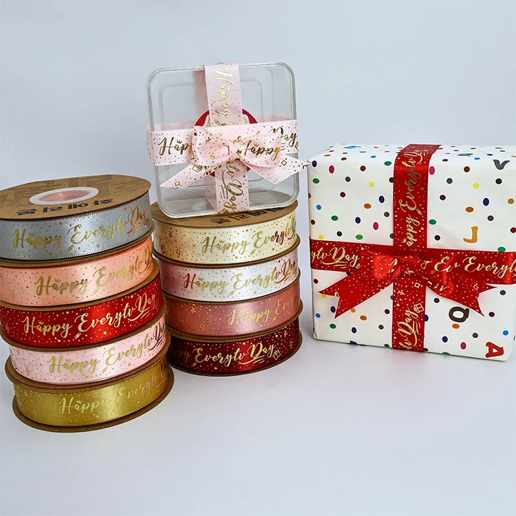 High Quality Pink Satin Ribbon Gold Silver Foiled Hot Stamped Logo Woven Polyester Fabric Gift Bag Packaging Printed Product
