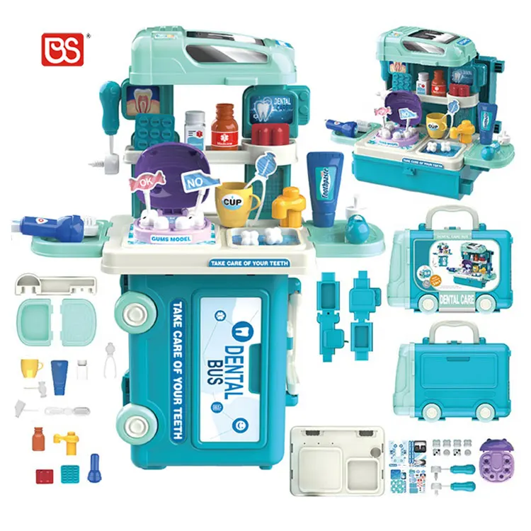 BS 34pcs Suitcase Pretend Play 3 IN 1 Doctor Set Medical Kit Toys Dental Luggage Tool Care Bus For Children