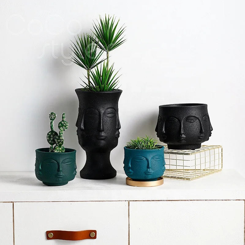 Cocostyles personalized handmade super creative human face black cement flower pot for mexico style home decor agave plant