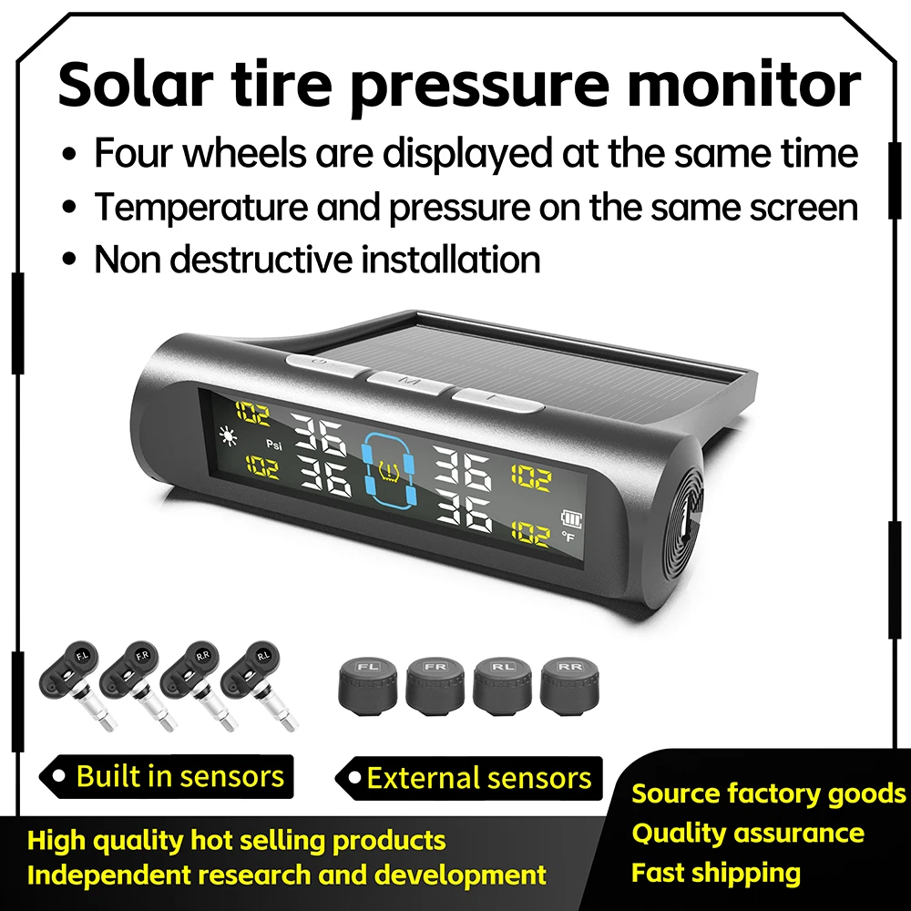 4 Sensors Car TPMS Tyre Pressure Monitoring System Solar Powered Digital LCD Display Auto Security Alarm Tester Automotive Test