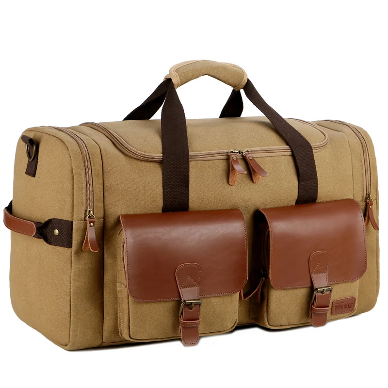 Spot goods mens canvas travel duffel overnight bag womens black gym sports bag leather