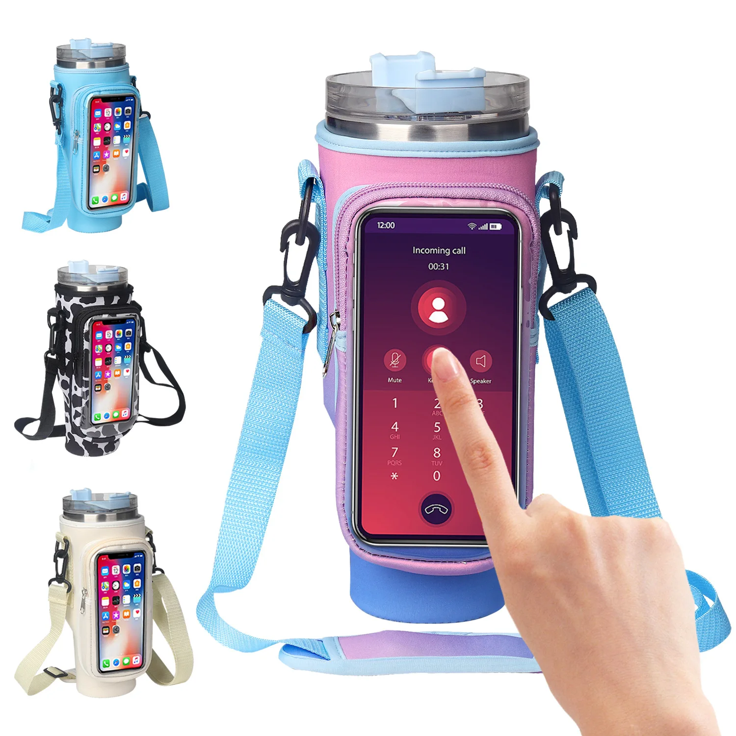 Stock Custom Colorful Transparent Touch Screen Sports Water Bottle Holder Sleeve Cooler With Adjustable Long Shoulder Strap