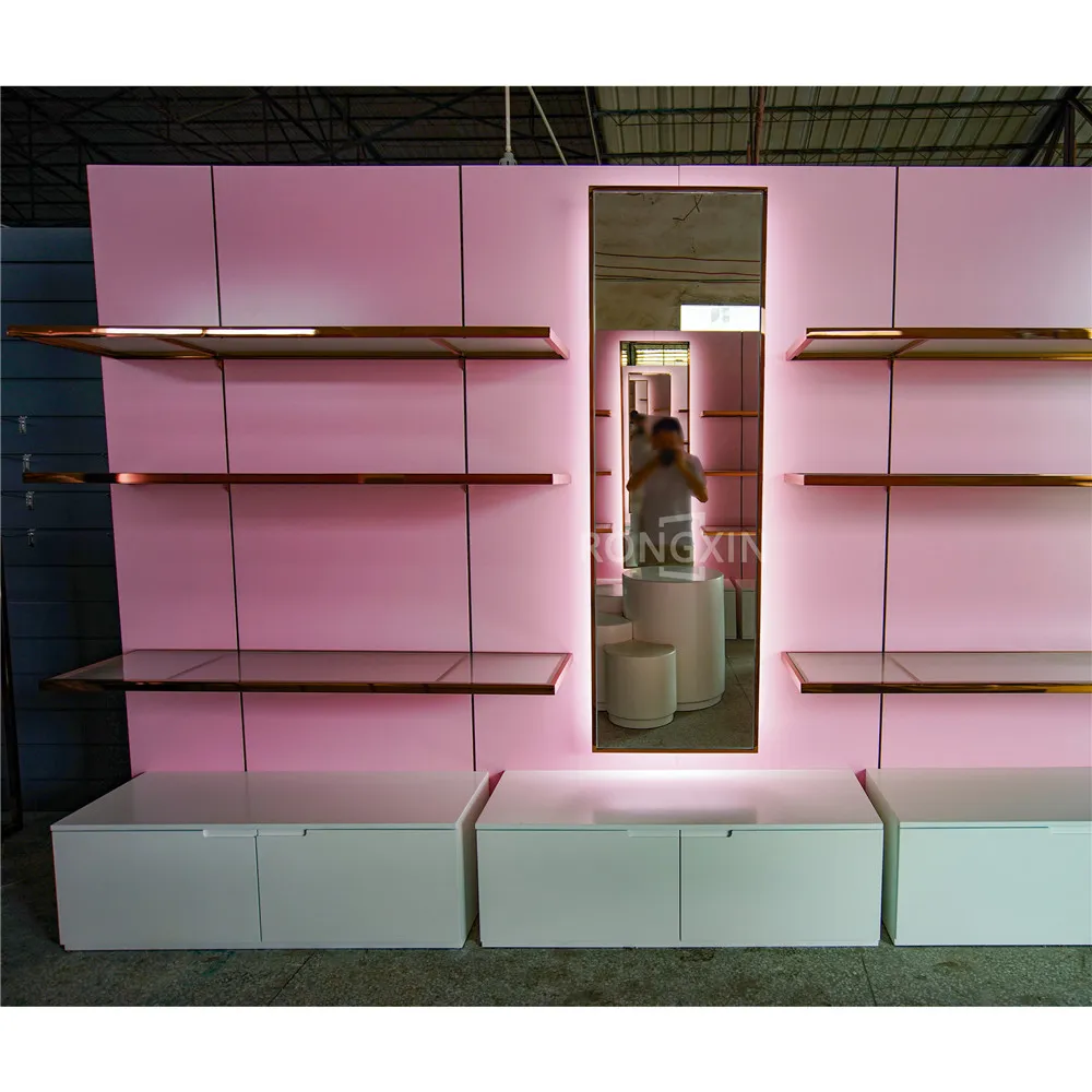 Personal Hygiene Retail Store Furniture Trendy Pink Design Decorative Mirror Wig Wall Display Shelf for Beauty Salon Shop