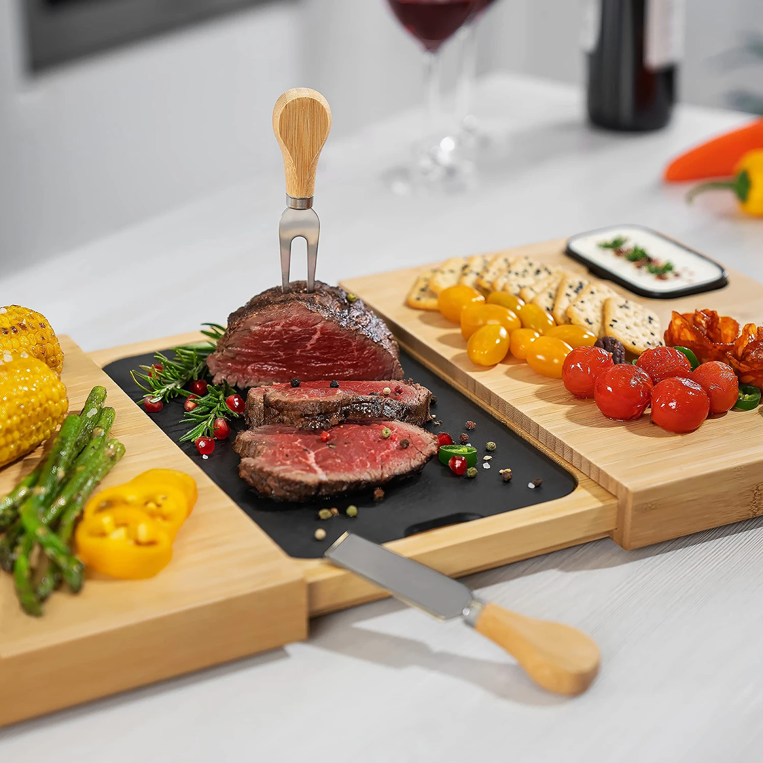 Hot Selling Bamboo Charcuterie Boards Set with 3 Sauce Bowls and 4 Knives and Slate Plate Unique Cheese Board Serving Tray