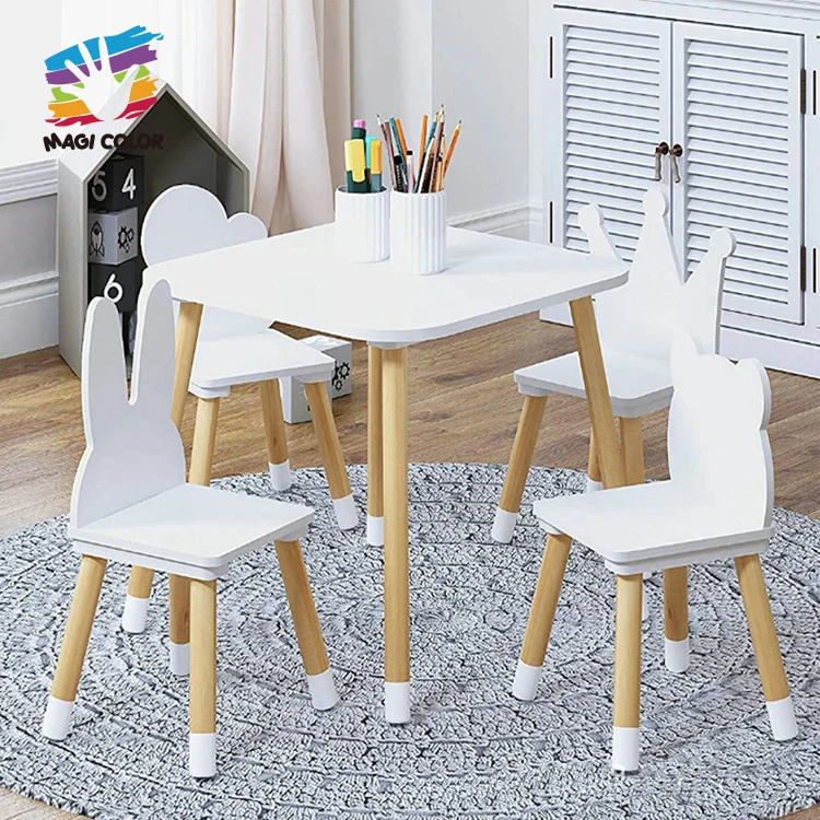 New arrival white wooden kids furniture table and 4 chairs set for preschool W08H175