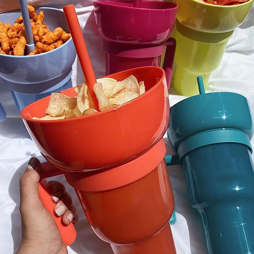 Customization Square beverage cola cinema 2 in 1 snack and drink cup popcorn 32oz plastic cup with snack tray bowl straw