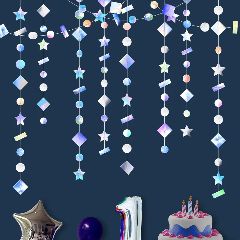Wholesale 4m Rainbow Star Banner Magic Round Pull Flower Star Moon Paper String Flag Birthday Wedding Party Venue Decoration