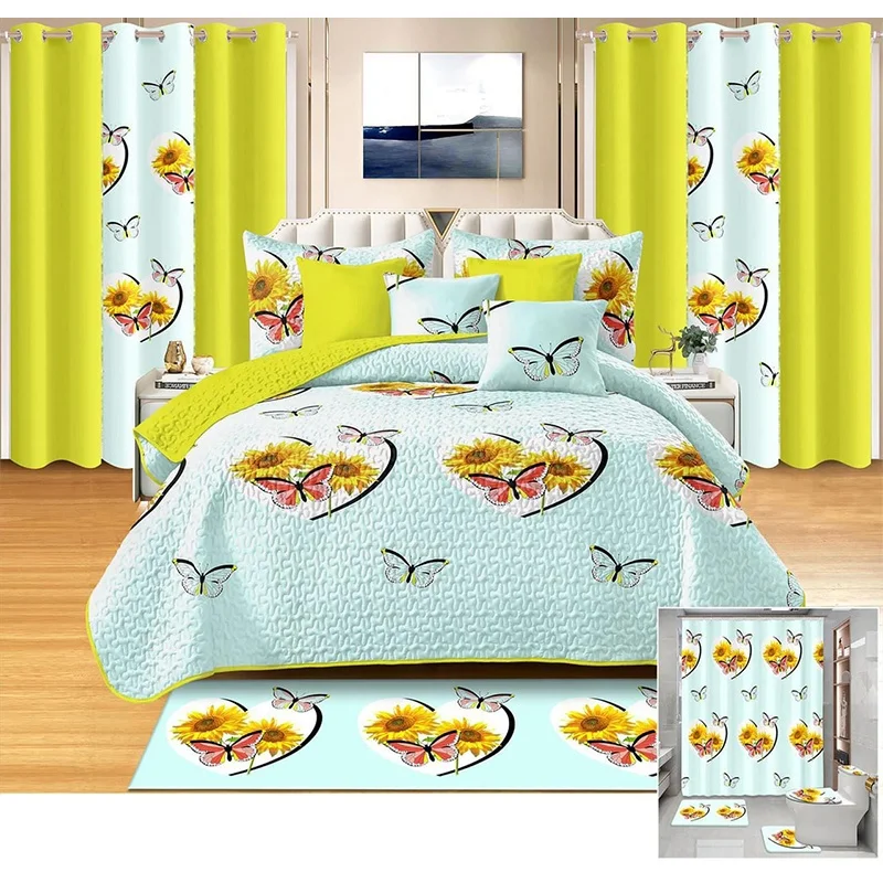 Red Flower Print Navy Blue 3d Printed Linen Blend Custom King 26PCS Polyester Curtain bedding Set