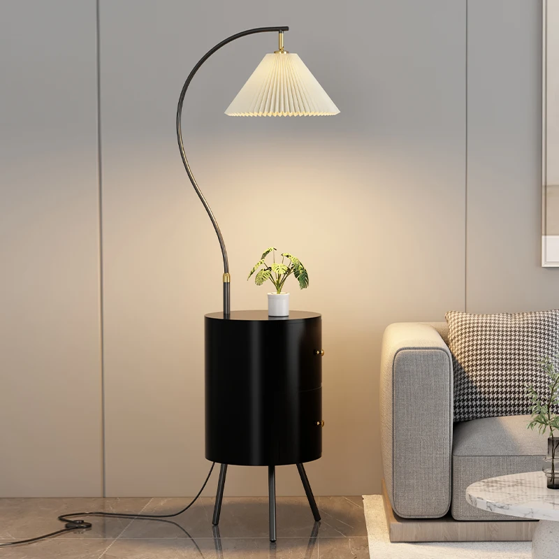 Modern Cream and White Floor Lamp with Integrated Bedside Table Drawer Metal Body for Living Room and Bedroom