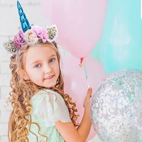 Unicorn Headband, Rainbow Glitter Horn Headband Cat Ear Head Bands Flowers Headwear Accessory for Unicorn Party Supplies