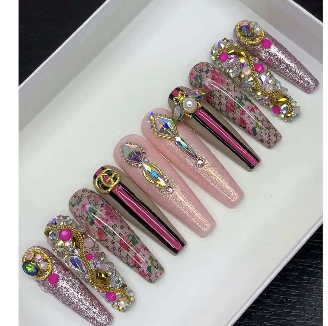 Custom Artificial Fingernails 3D Luxury Crystal Rhinestone Diamond Hand Made Press On nails Tips Faux Ongles