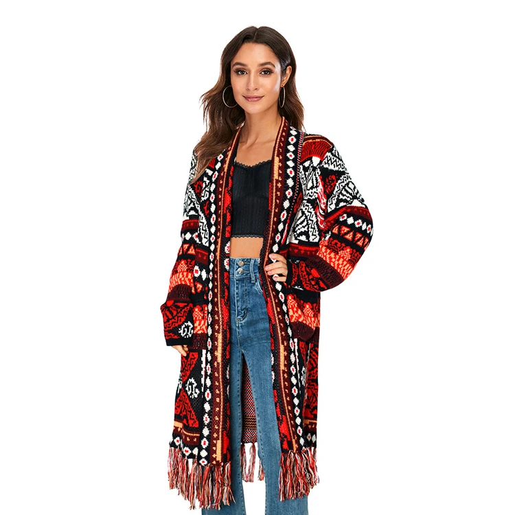 wholesale hot sale aztec long sleeve thick long fringe colorful women sweater cardigan Retro knitted western cardigan sweater