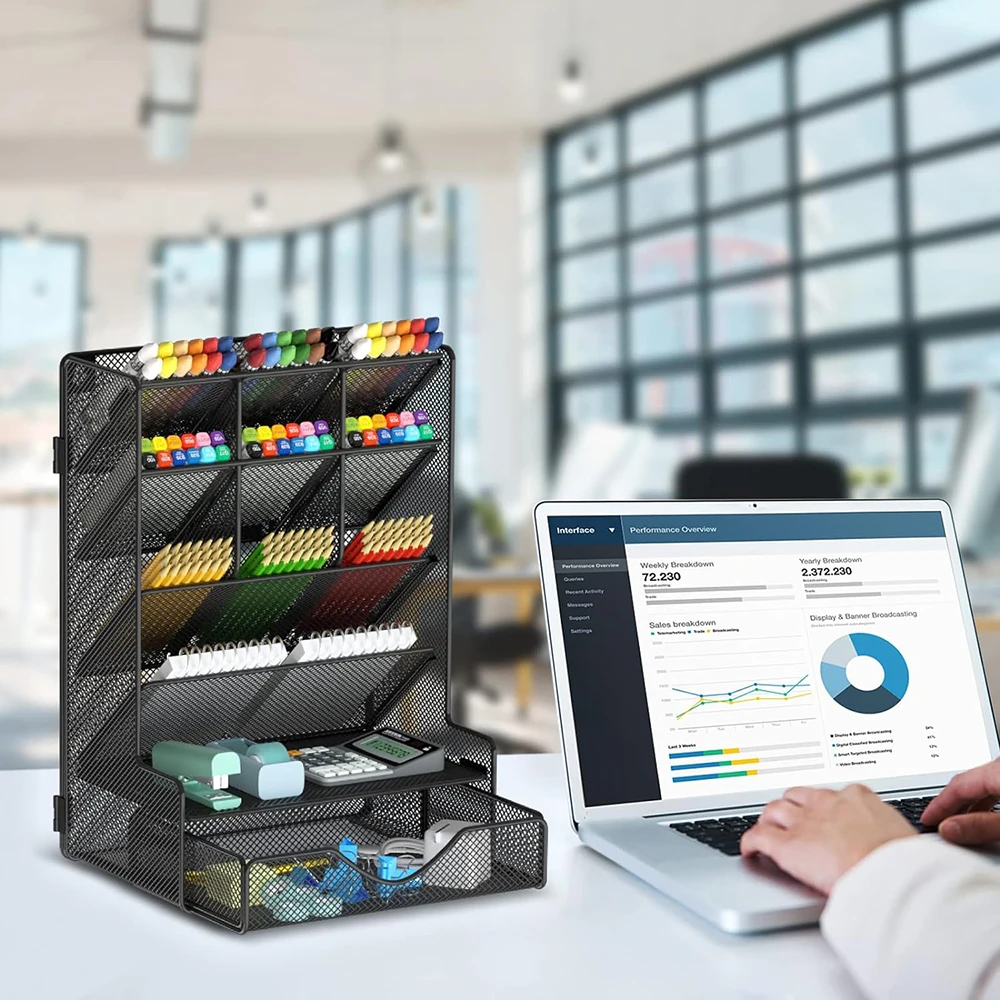 Black Pen Organizer Multi-Functional Metal Mesh Desk Storage Rack Organizer Wall Mount Pen Holder With Drawer