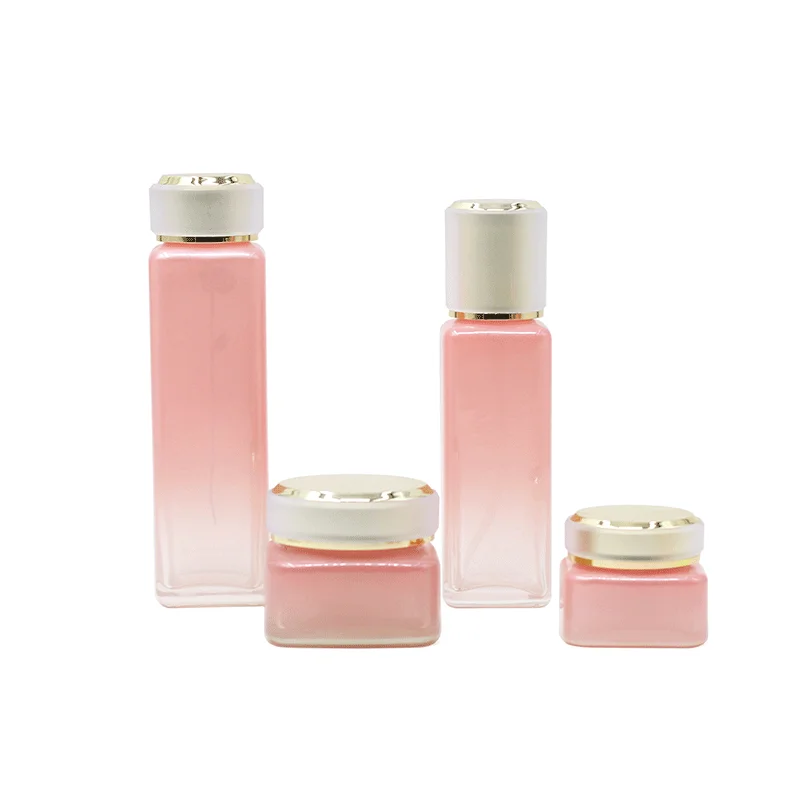 Top quality square pink cosmetic container glass bottles and fase mask jars
