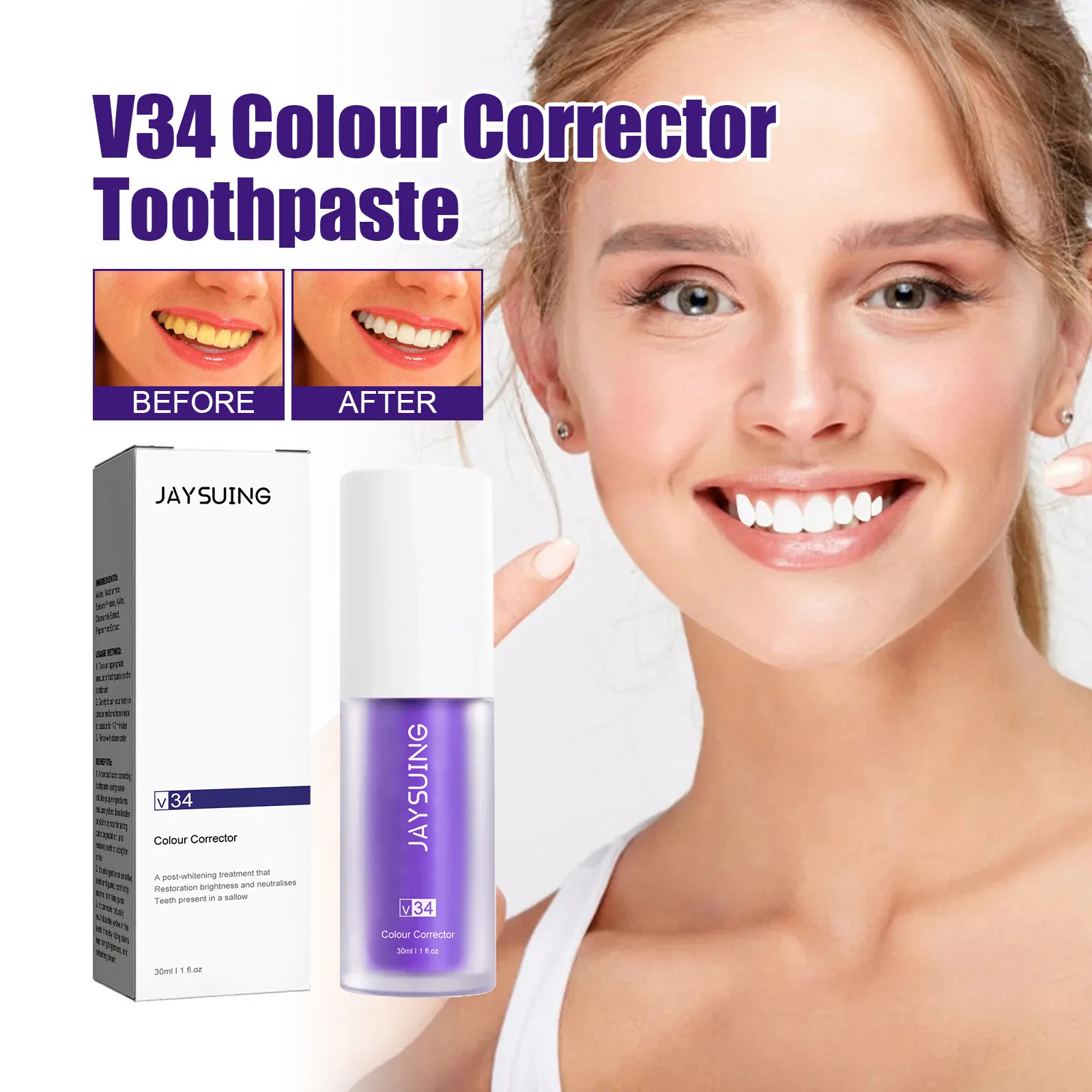 JAYSUING Toothpaste V34 Color Corrector Tooth Stain Removal Enhance Your Smile 30ml Purple Toothpaste for Teeth Whitening