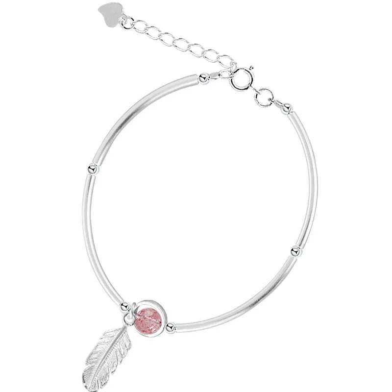 PUSHI jewelry 925 Sterling Silver Round Bead Feather Charm Bracelet Bangles Link Chain Adjustable Bracelet For Women Wedding Jewelry