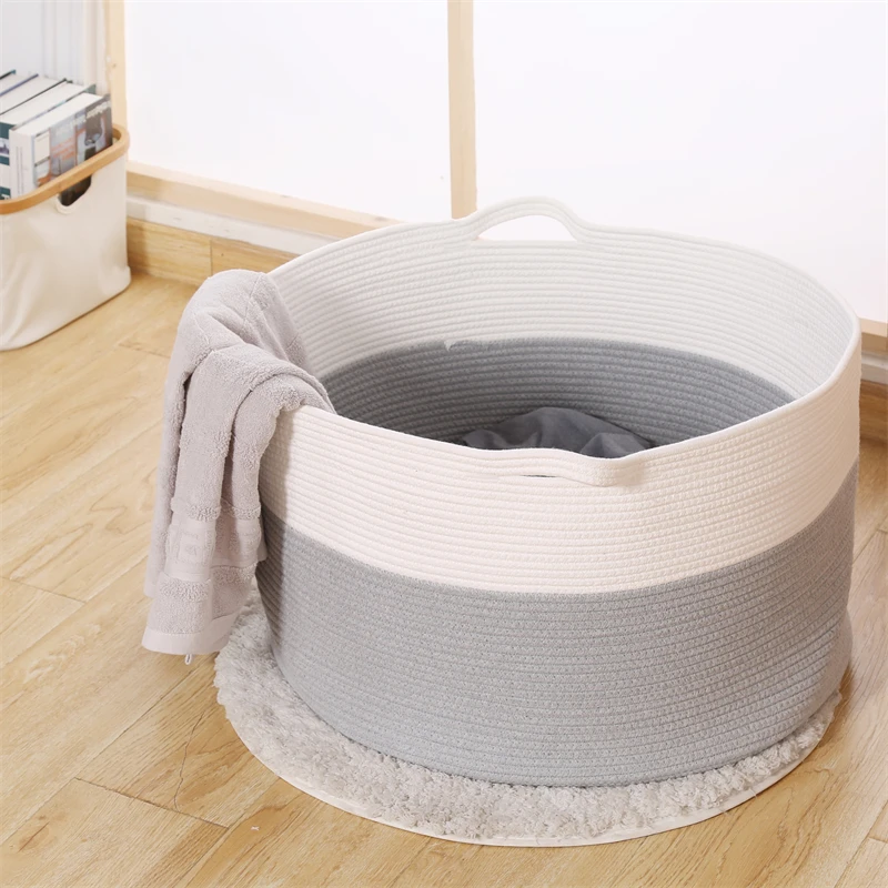 Large Woven Coil Storage Container Foldable Cotton Rope Laundry Basket with Handles