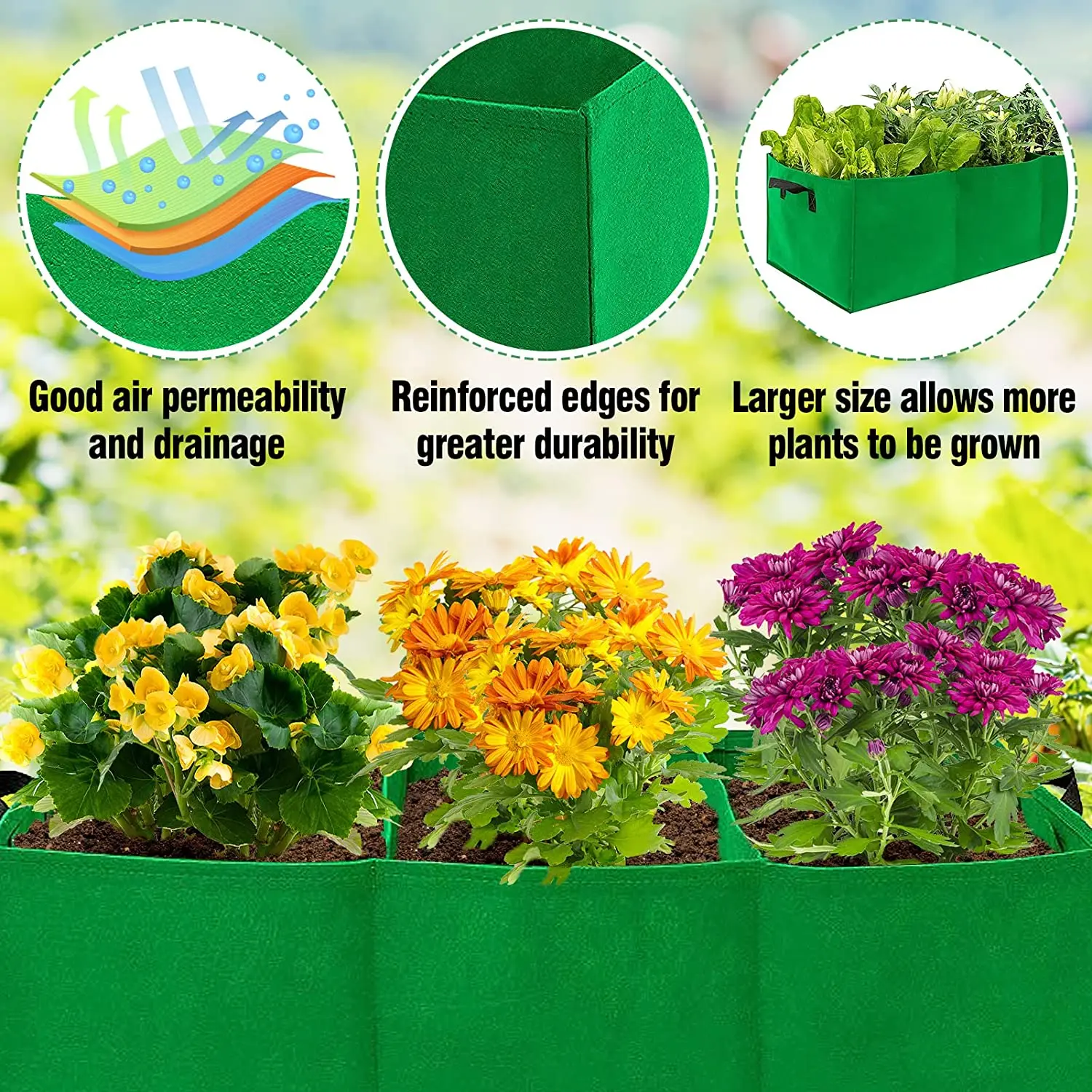 Large Fabric Pots Raised Planting Beds Non-woven Garden Grow Bags With 3 Compartments,Heavy Duty Rectangle Planter