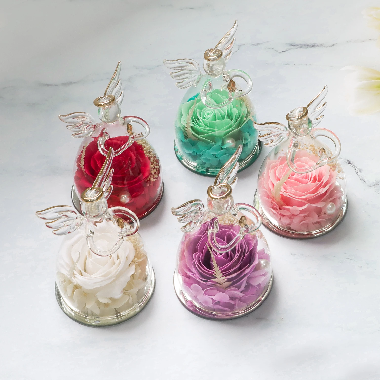 Valentines Day Gift Angel Preserved Soap Rose Artificial Flowers In Angel Dome Glass Gift For Women and Girls