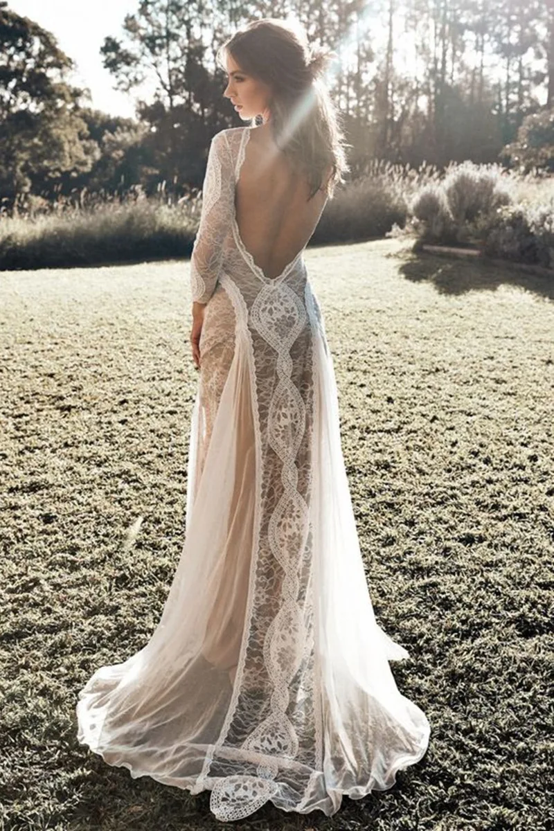 2023 Sexy Bohemian Lace Wedding Dress Long Sleeve Lace Sexy Open Back Mopping Wedding Dress