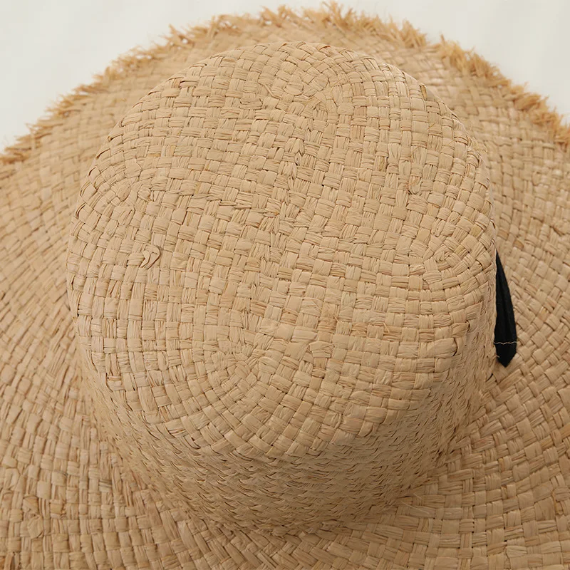 Wide brim flat top summer beach hats women raffia straw hat with ribbon