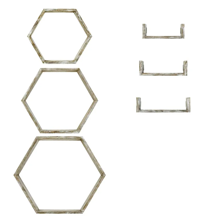 Set of 6 Decorative Wooden Wall Mounted Storage Shelf 3 Hexagon Shape 3 Small U Shape Floating Wood Shelves