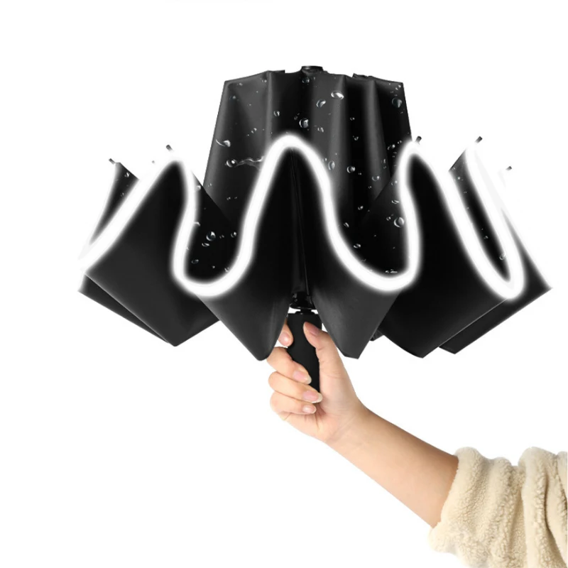 Hot Selling Promotion Black Folding Windproof Automatic Florescent Color Close Fiberglass Travel Led Lighted Rain Umbrella