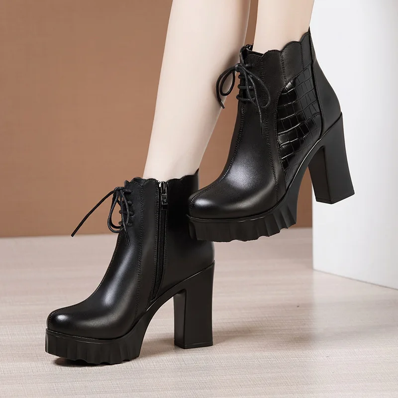 Xuanhui new arrivals 2024 winter autumn height increasing black leather stiletto ankle boots for women