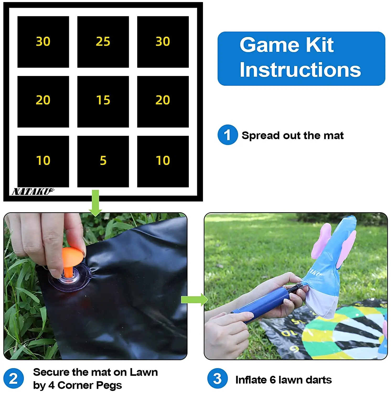 Family Indoor Game Set Outdoor Lawn Game Giant Tic Tac Toss Yard Game Double-Sides Play mat with 6 Inflatable Tumbler Darts