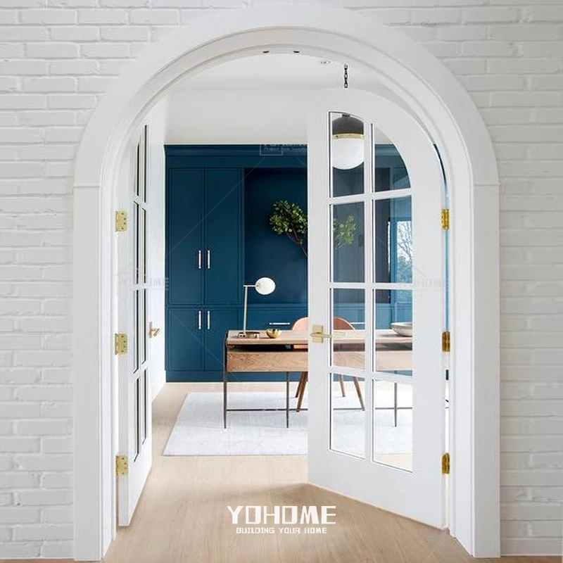 China top manufacturer custom arched french door for bedroom double interior wooden arched doors with clear glass