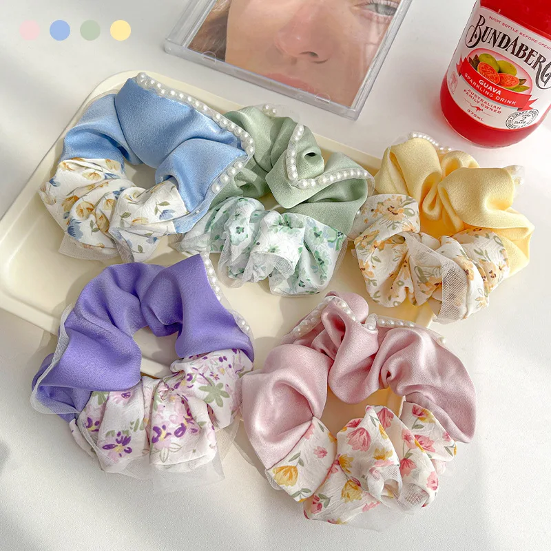 Summer floral silk scarf binding hair large hairband tied ribbon hair scrunchies pear decoration hair tie