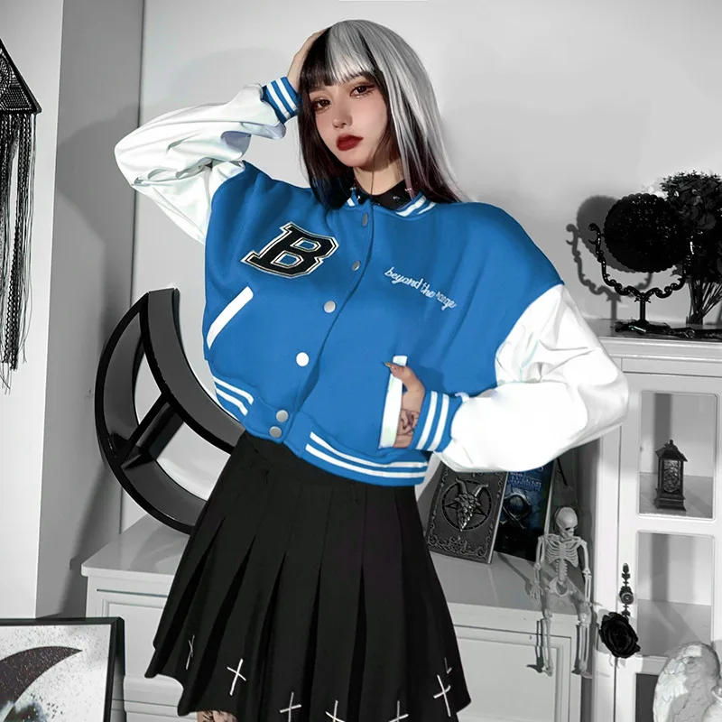 CA2439A Winter 2022 Women Fashion Colorblock Leather Sleeve Baseball Uniform Short Jacket Trending Autumn Ladies Cropped Coat
