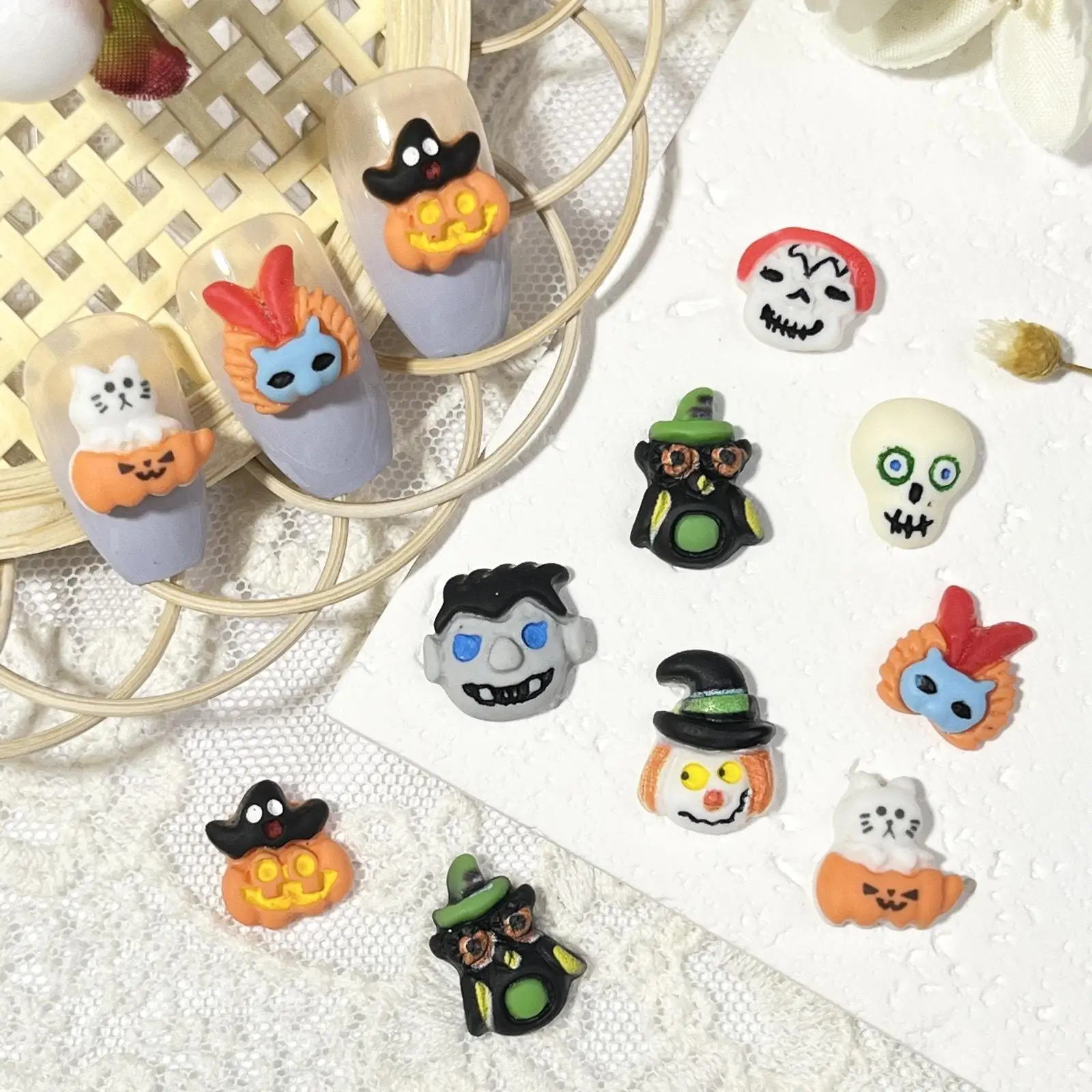 20pcs/Bag Kawaii Cartoon Halloween Skull Head Series 3D Art Decorations Macaron Nails Charms Designs DIY Resin Nail New