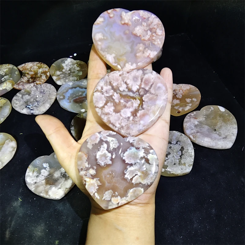 Kindfull Wholesale Natural Flower Agate Healing Crystals Heart Bowl Stone Reiki Carving For Meditation