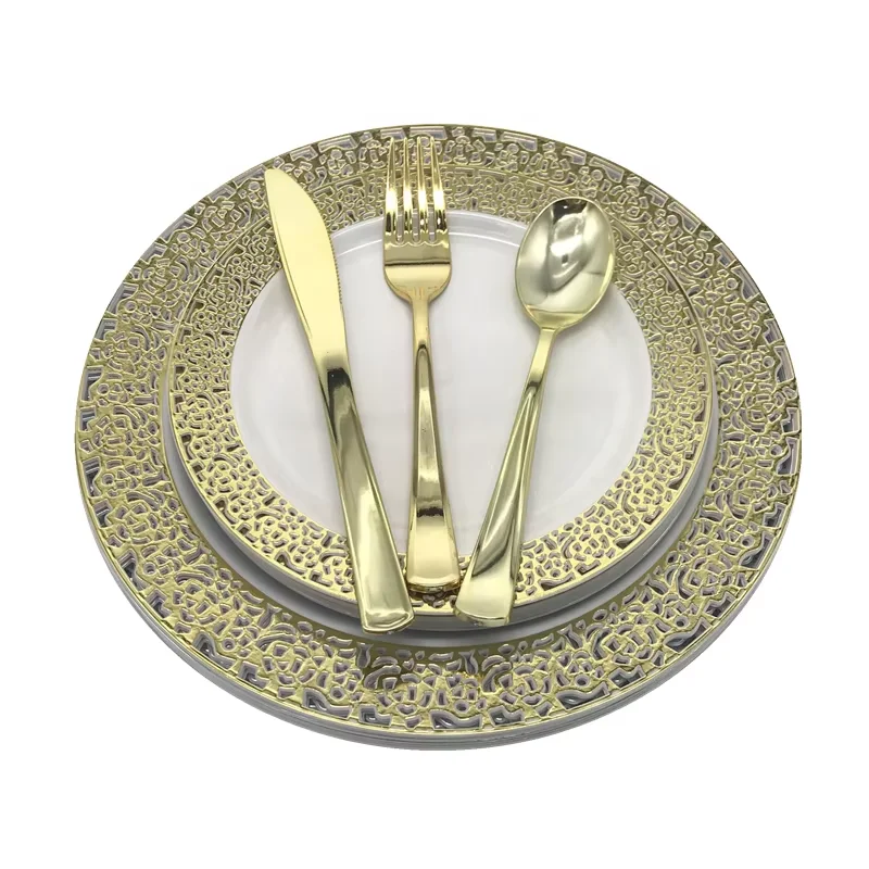 125 Pieces Gold Lace Rim Plastic Tableware Set Rose Gold Plastic Dinnerware Combo Wedding Decoration Set For 25 Guests